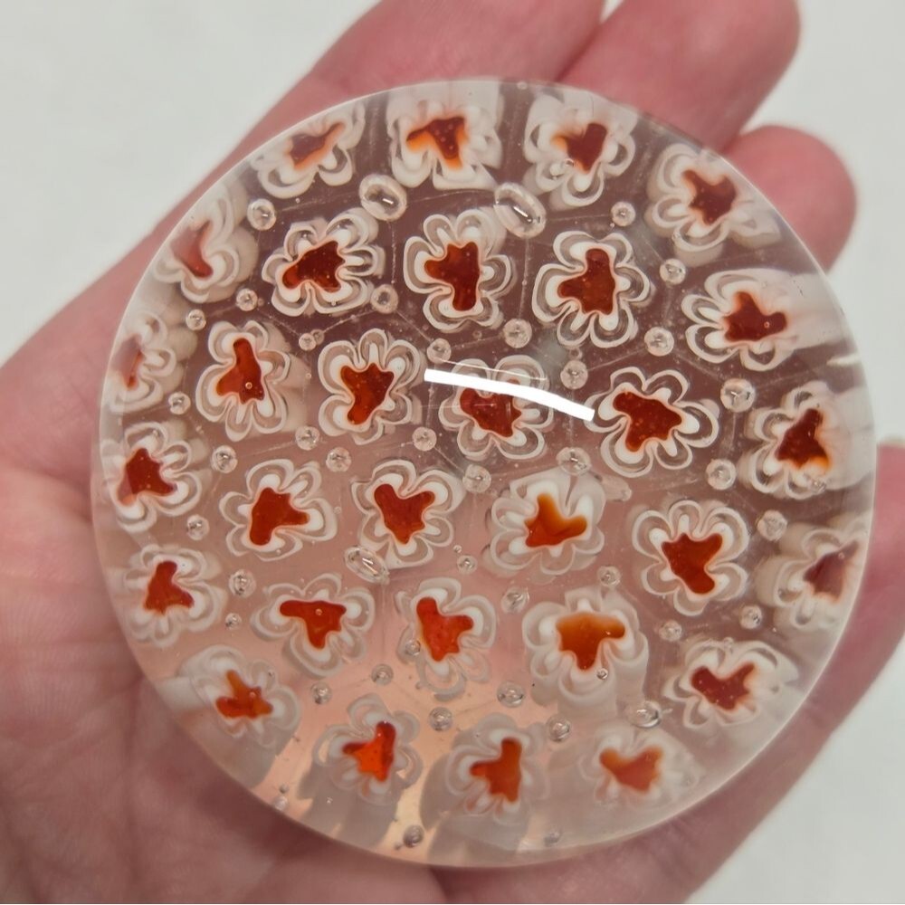Vintage Art Glass Millefiori Small Paperweight White Orange Controlled Bubbles